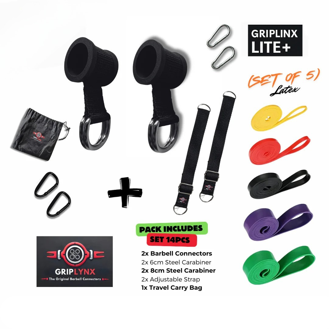 Griplynx Lite+ resistance band set with barbell connectors and carabiners on a white background